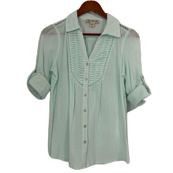 Vintage America Blouse Women S Mint Green Crinkle Pleat Lace Roll Tab Button Up - Picture 1 of 12